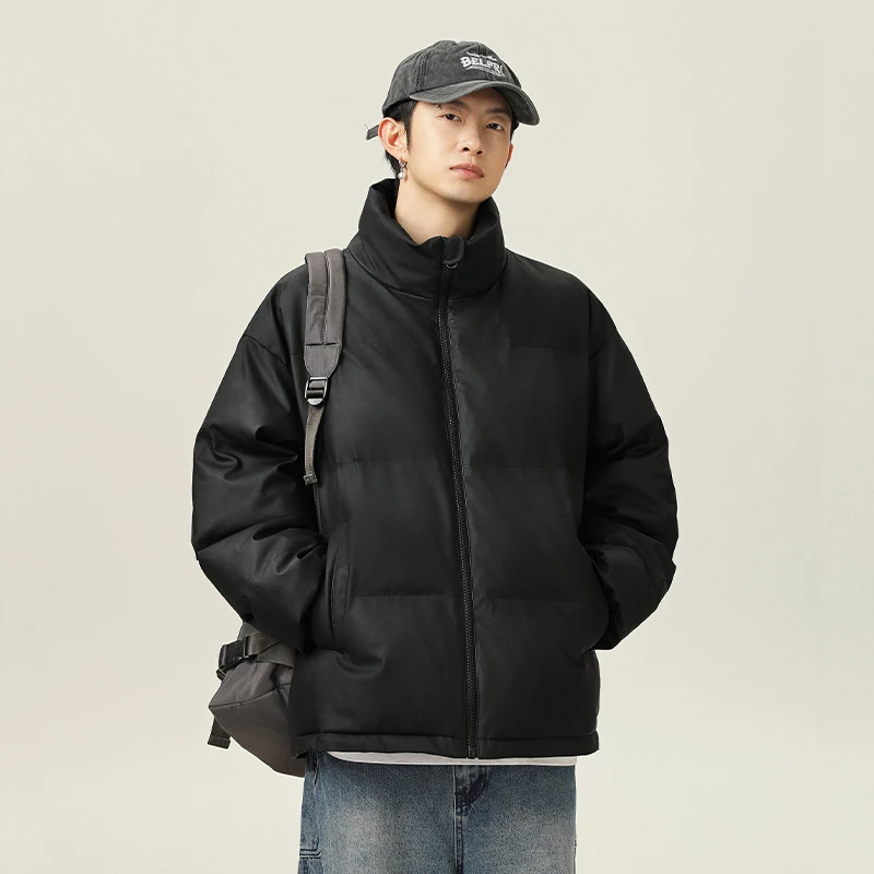 美式短款立领pu皮棉服男冬加厚棉衣纯色百搭潮牌保暖面包服外套