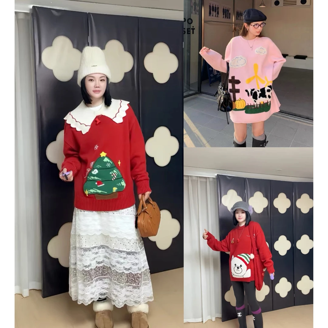 Mto Quinn 2024冬季新款娃娃领圣诞树套头红色毛衣上衣