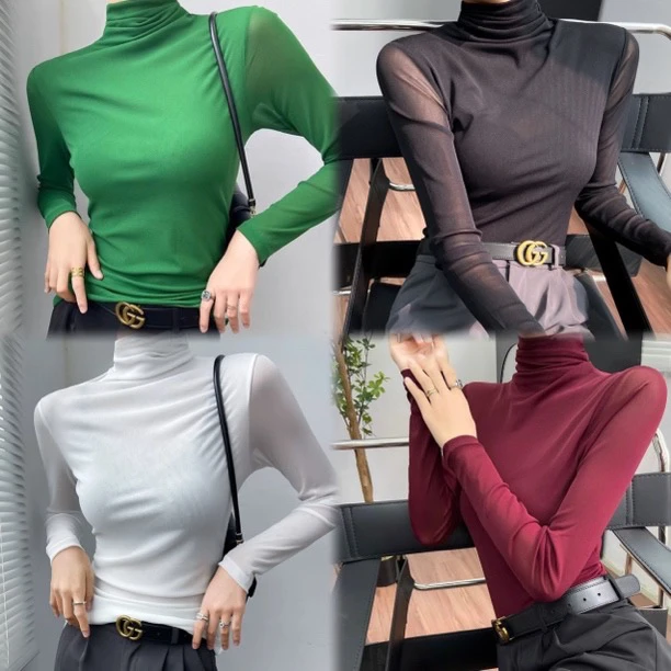 【968】【高领】高级感时尚高领网纱弹力长袖T恤女装上衣