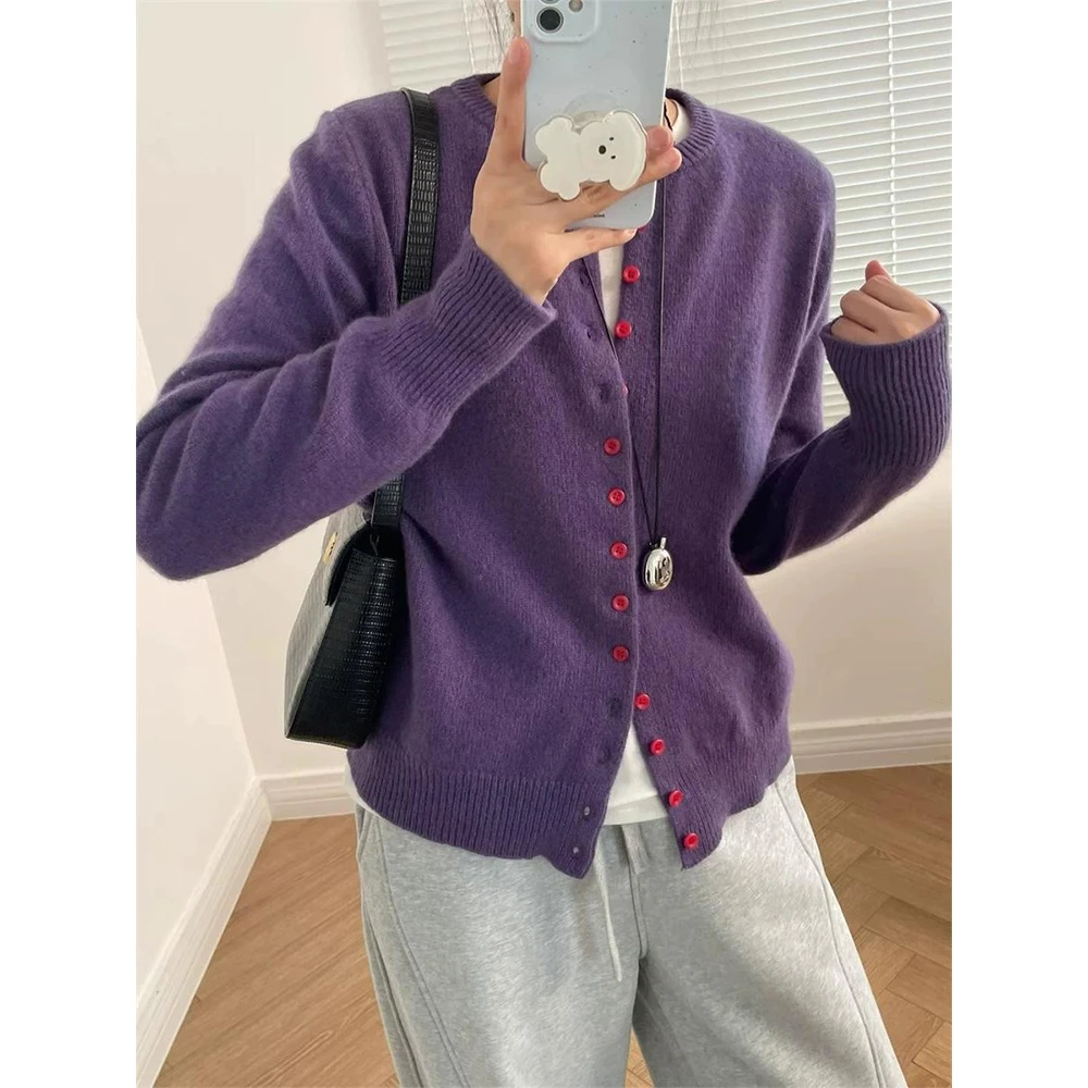 复古百搭紫色针织开衫女春秋毛衣气质软糯外搭慵懒风外套洋气上衣