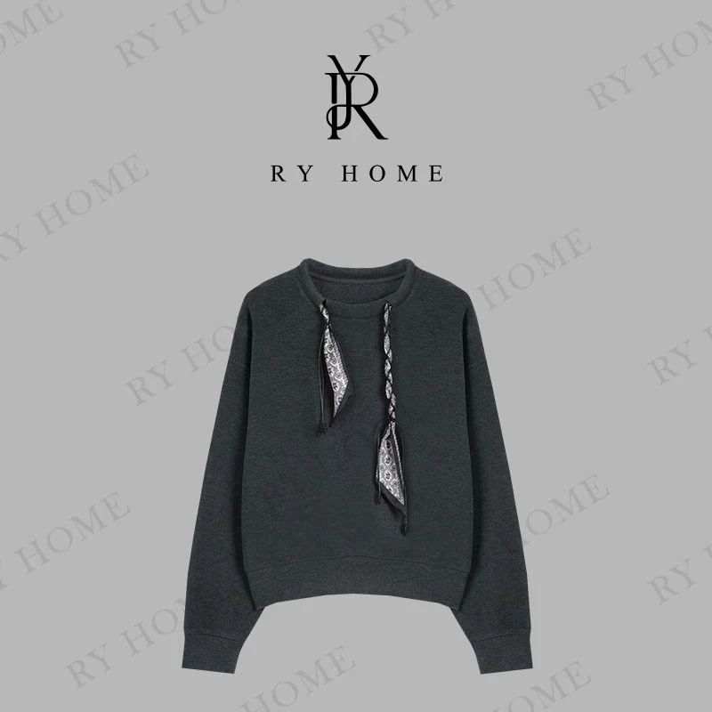 【容雨RYHOME】绵羊毛圆领丝巾绳复古长袖卫衣253Y1093