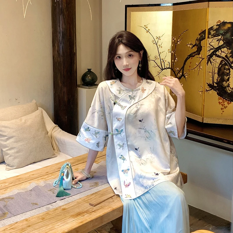 果果家 新中式2025女装夏宽松刺绣薄款短袖圆领中国风上衣半身裙