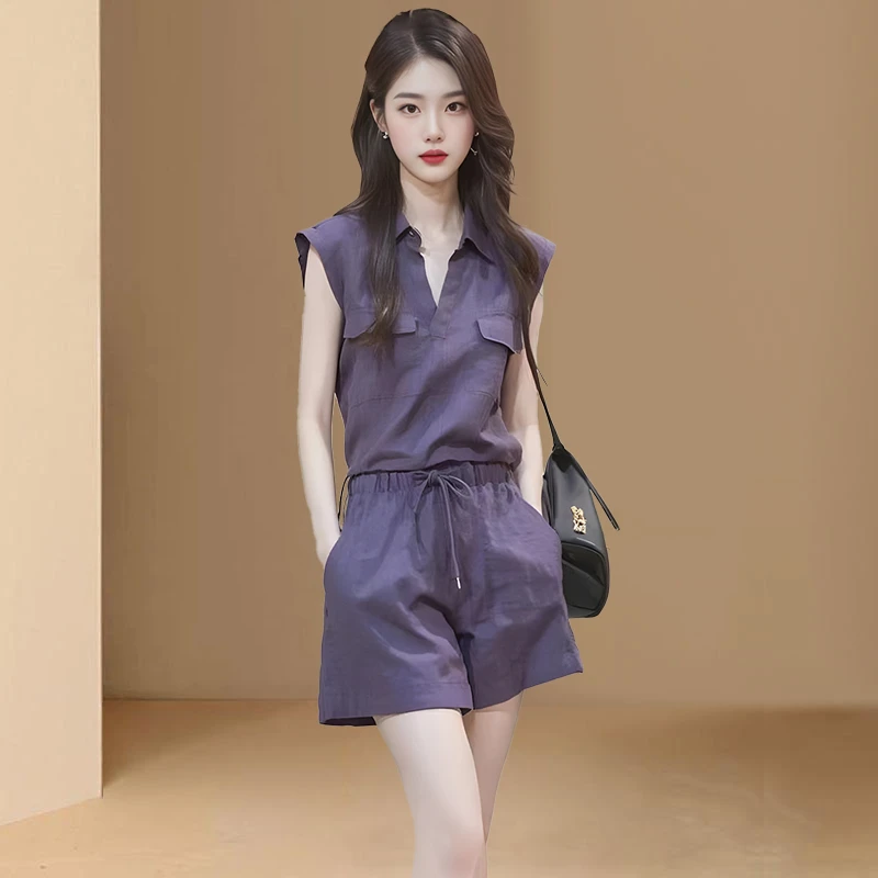 慵懒风盐系穿搭套装女2025年新款夏季轻奢时尚紫色衬衫短裤两件套