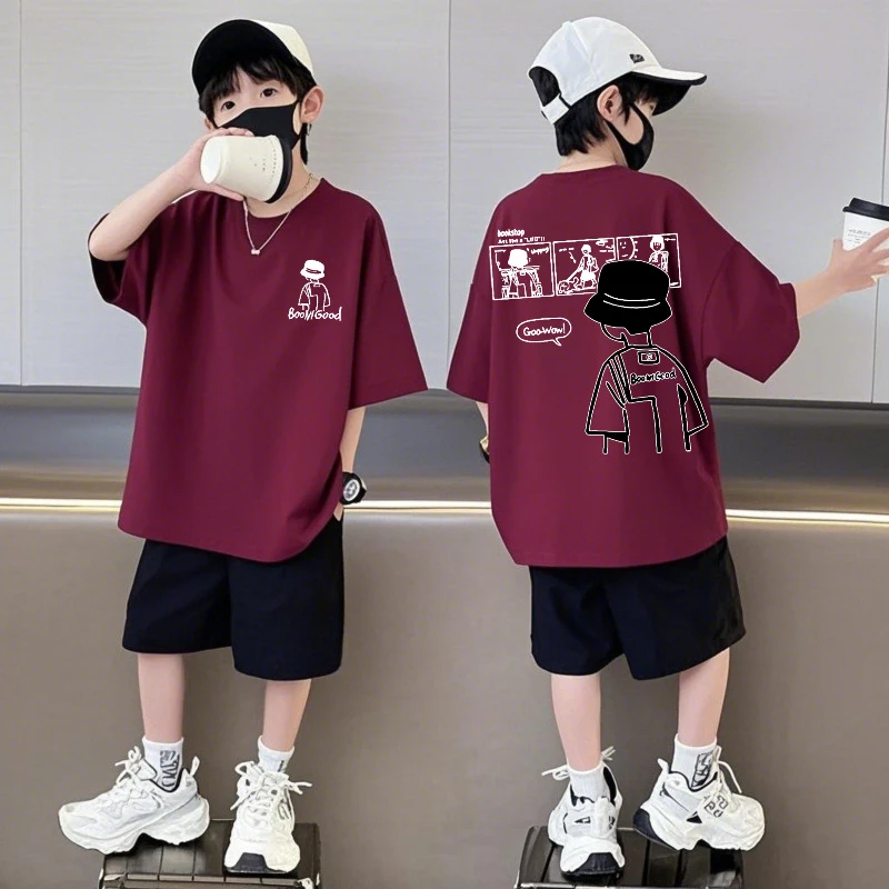 纯棉短袖短裤男童套装休闲运动儿童宽松圆领夏季新款中大童两件套