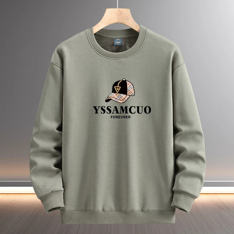 秋冬季圆领长袖卫衣男士宽松加绒加厚保暖打底衫潮牌套头运动上衣