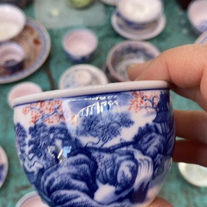 摆件陶瓷红稀土山水釉里红大缸杯