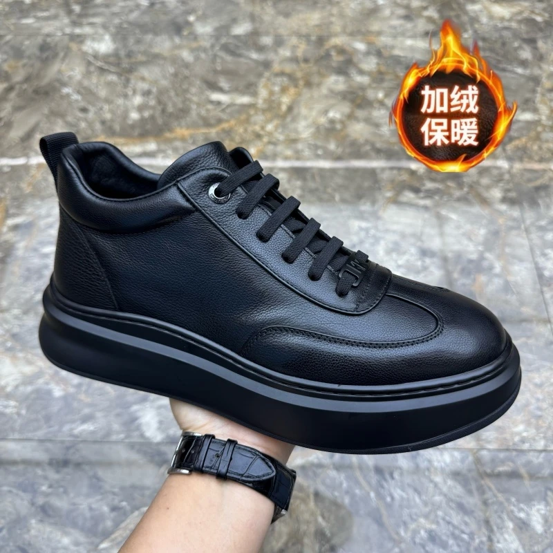 广州真皮男鞋2025冬季新款高帮加绒棉鞋头层牛皮时尚厚底休闲板鞋