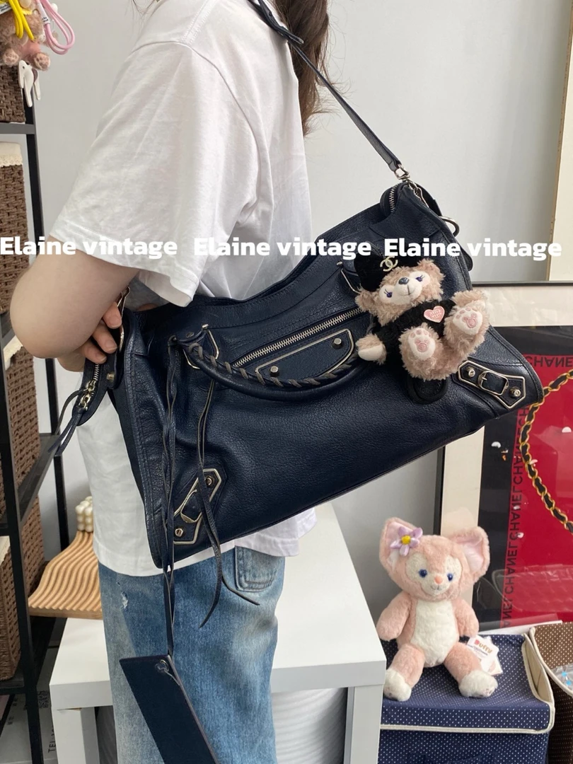 95新 Balenciaga/巴黎世家 深蓝色银扣中号机车包37cm/Y158