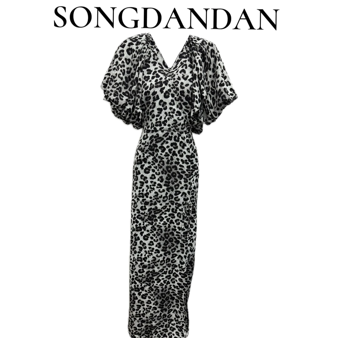 【DDS】时尚气质V领灯笼袖后背飘带抽绳收腰显瘦连衣裙