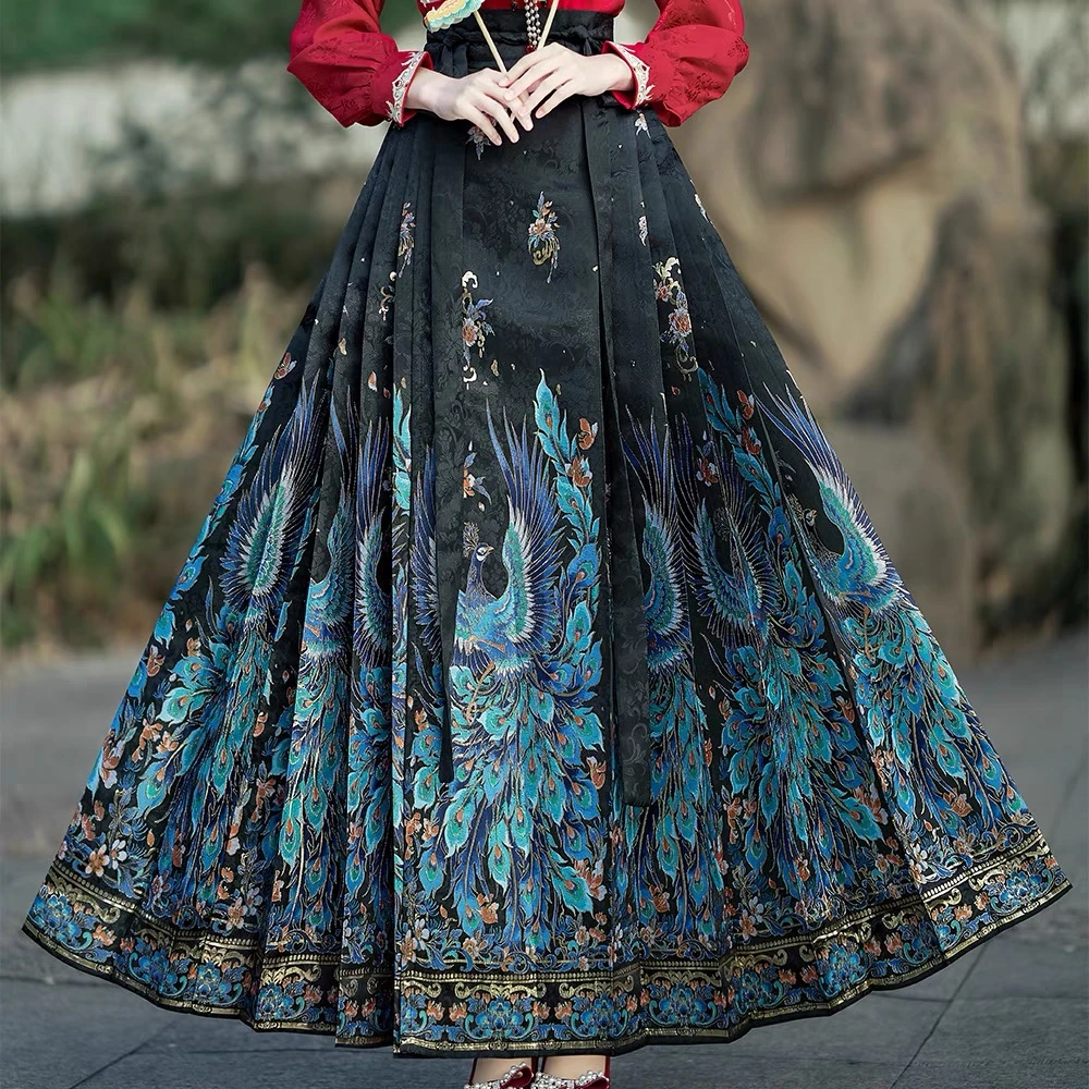 汉衣织造-【蓝晶孔雀】大码马面裙仿妆花国风汉服春秋冬齐腰马面裙