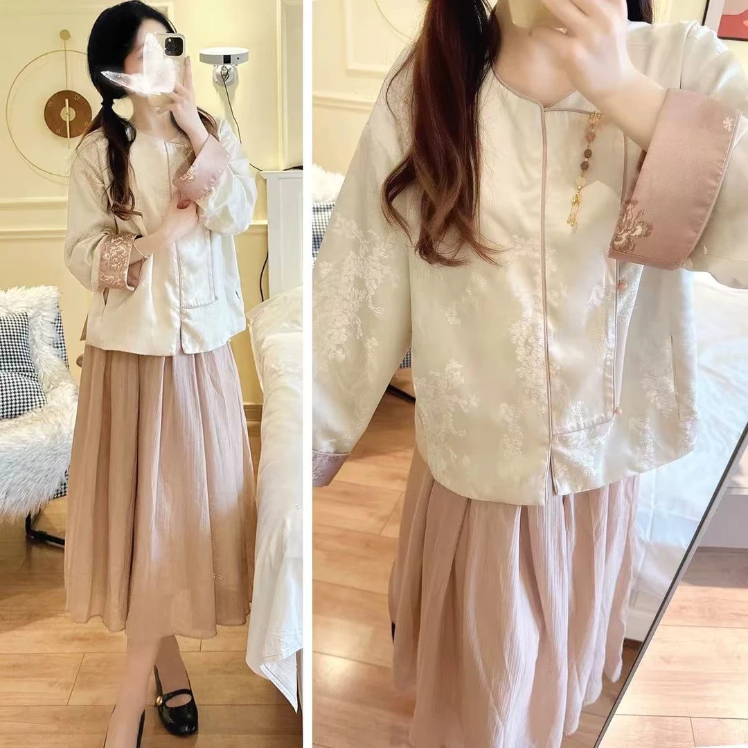 月下醉洋槐 春日新中式柔美长袖外套肌理感半裙两件套