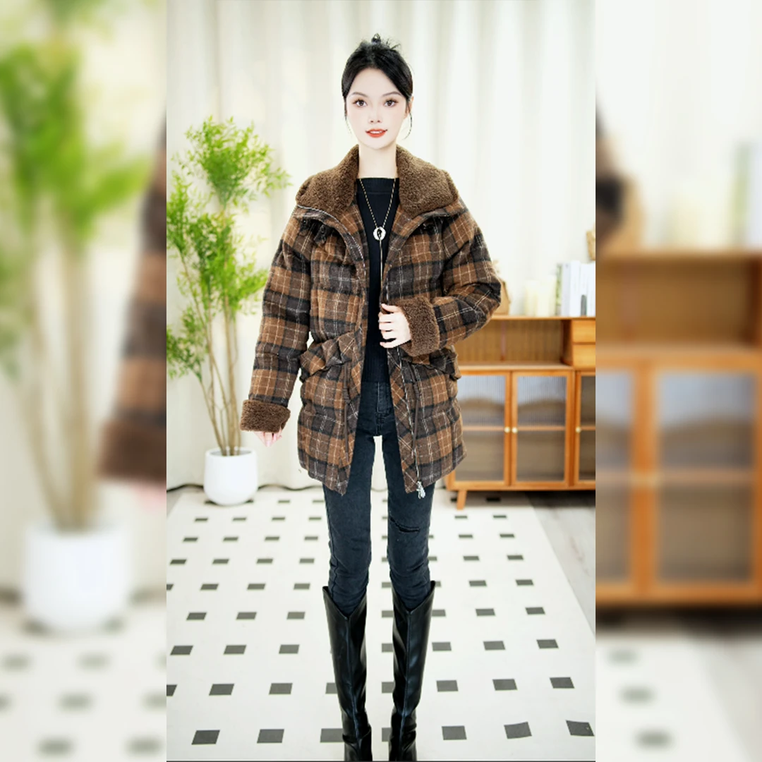 2024冬季新款外套女遮肉显瘦保暖拼接格纹中长款加厚棉服女y149
