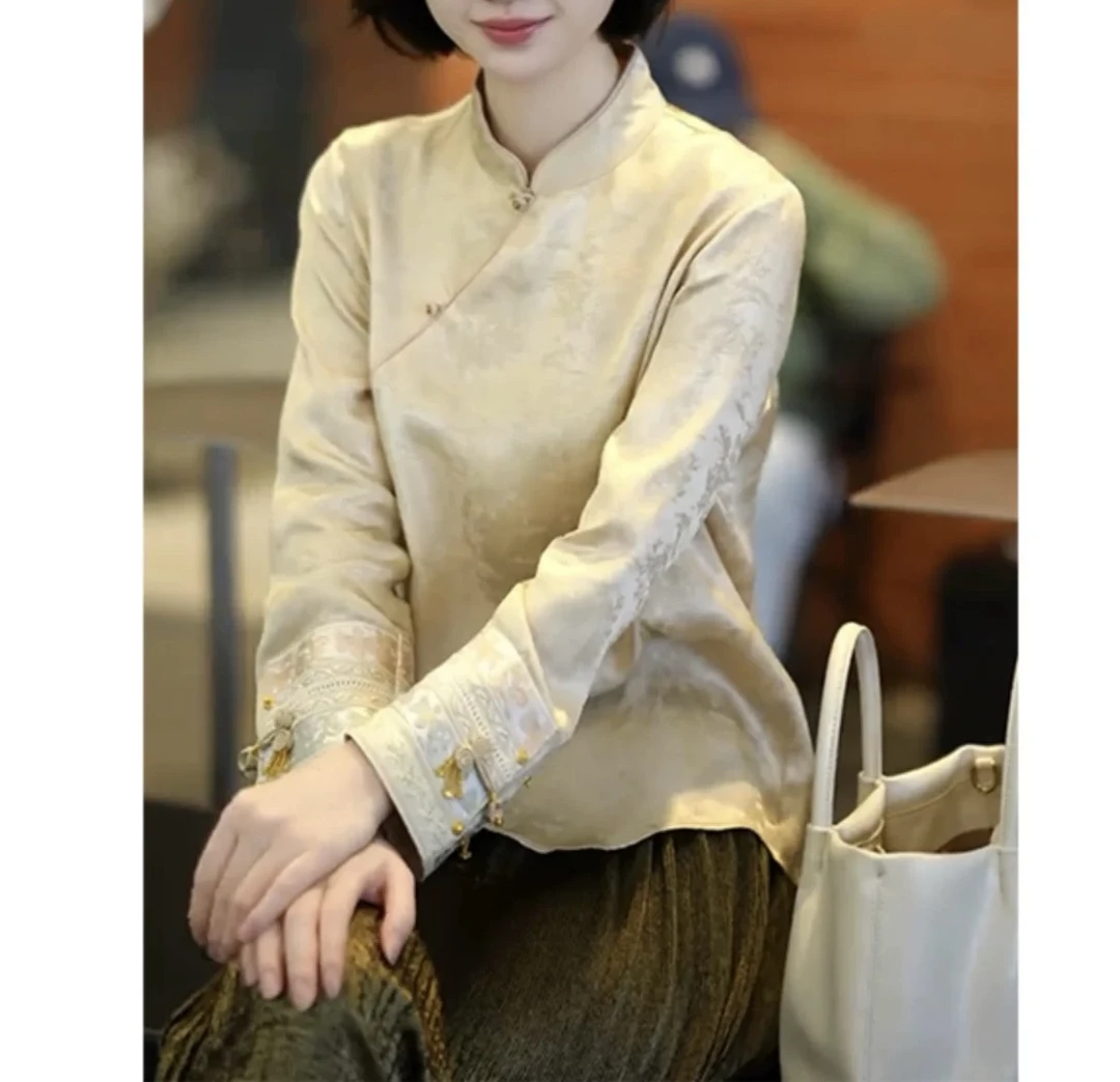 2025新款复古新中式立领长袖上衣提花拼接气质民族风女装衬衣088