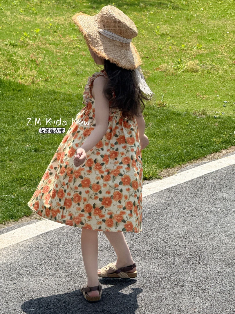 【花漾】2025夏季碎花棉布裙吊带裙背心裙沙滩裙儿童连衣裙B-58377