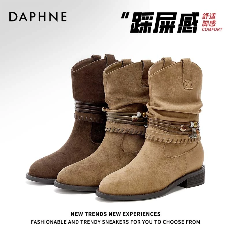 达芙妮短靴女款瘦瘦靴2025秋季新款复古美拉德尖头靴子西部时装靴