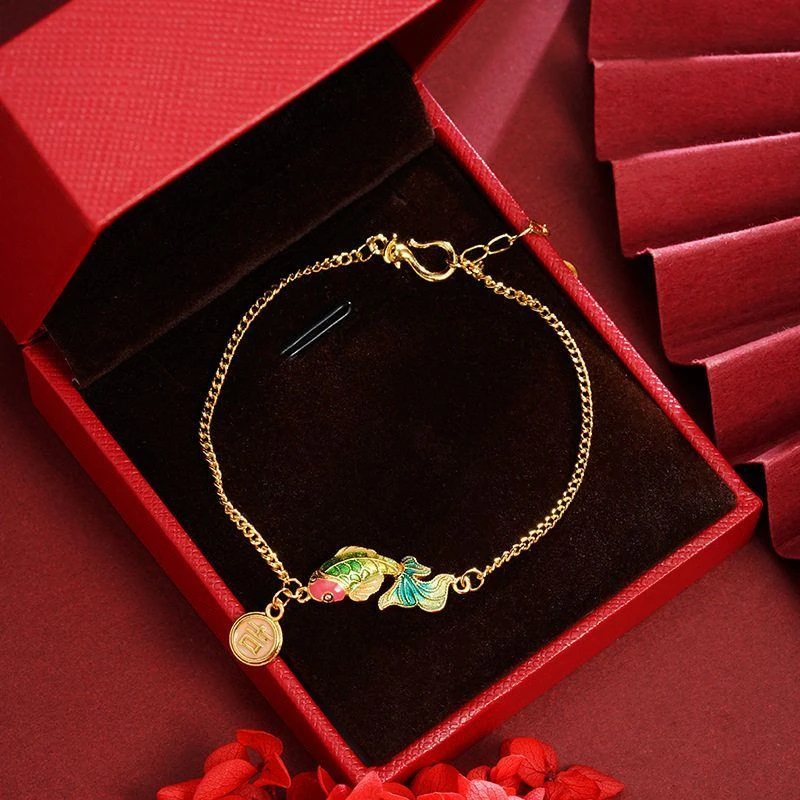 铜合金手链 流苏链子吉字滴油久掉色锦鲤珐琅女镯子国潮手工小众