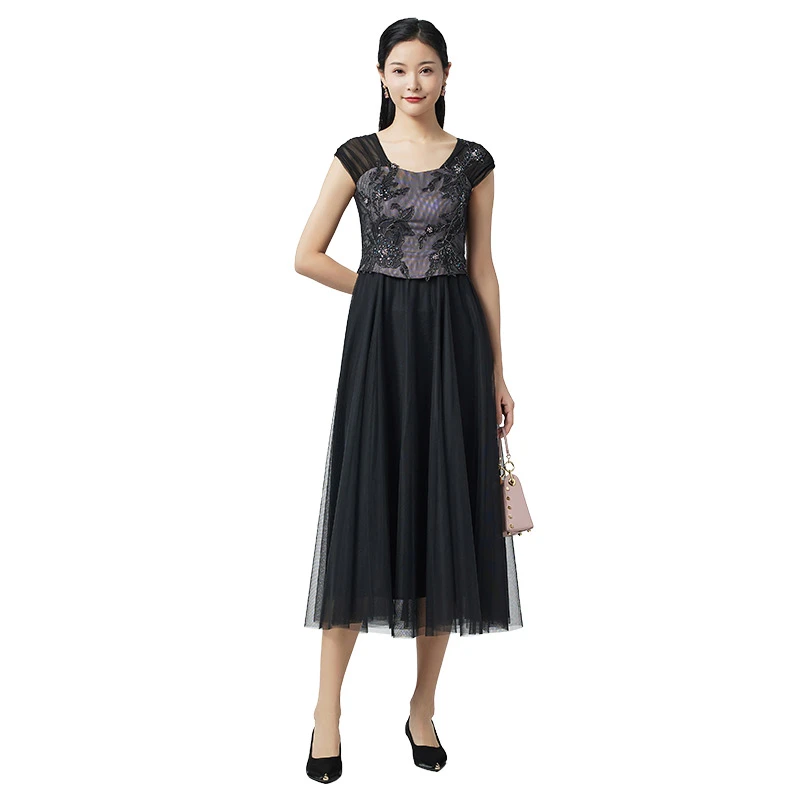 SUSSI/古色【夜色之下】黑色无袖方领透气轻盈网纱刺绣无袖连衣裙