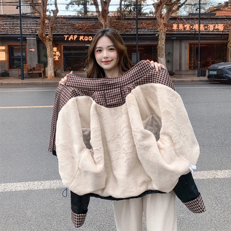 复古炸街格纹拼接皮衣派克服2025冬季新款甜酷ins风韩系加绒棉服