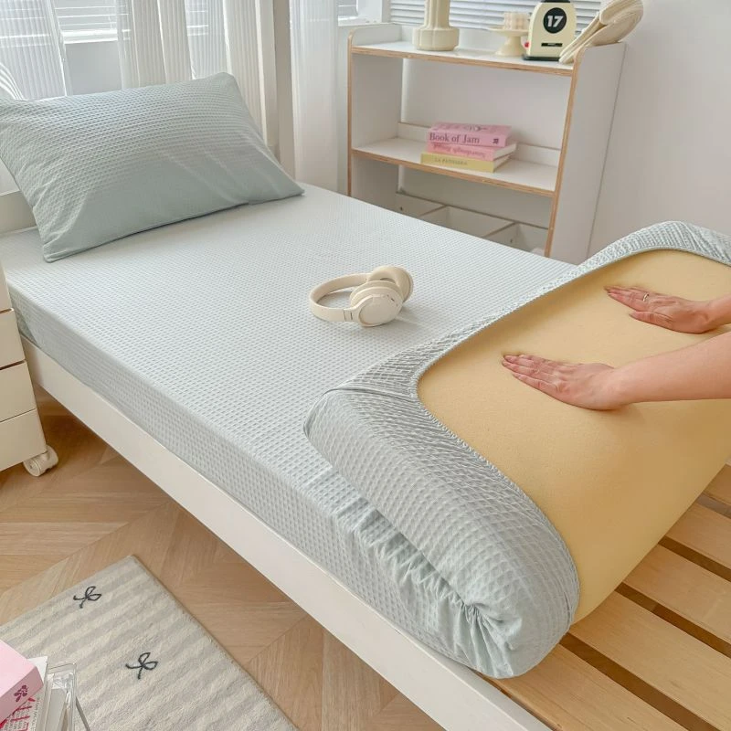 华夫格床笠单件纯色床罩三件套非全棉席梦思床垫保护套防滑床单