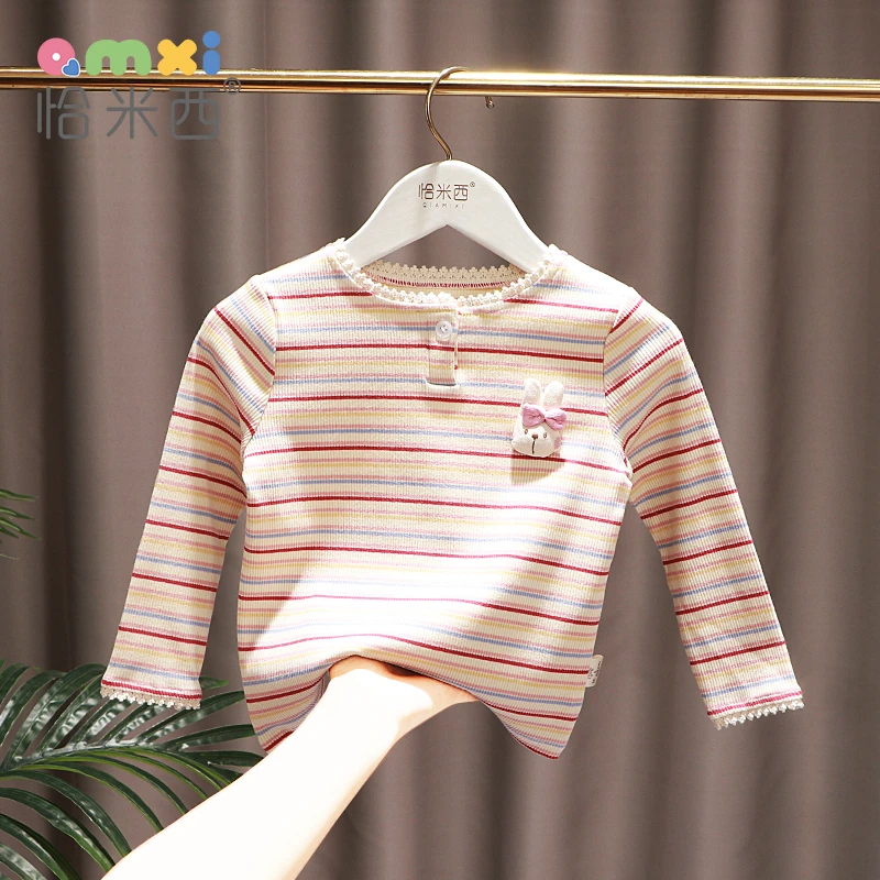 2025秋季女童条纹长袖T恤1-2-3岁女宝圆领韩版洋气打底衫针织衣服