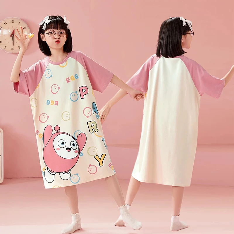 女童睡衣儿童睡裙夏季棉涤薄款6-12岁中大童长款公主卡通家居服