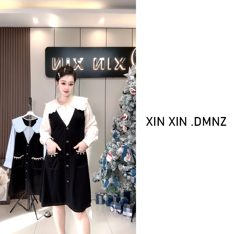 （鑫鑫甄选）早秋新款娃娃领拼接假两件洋气减龄长短款大码女装裙