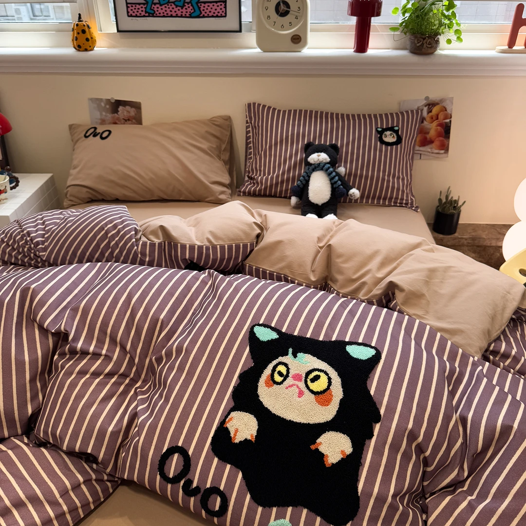 卡通风可爱小恶魔毛巾绣磨毛床上四件套纯棉100%全棉被套床单床笠