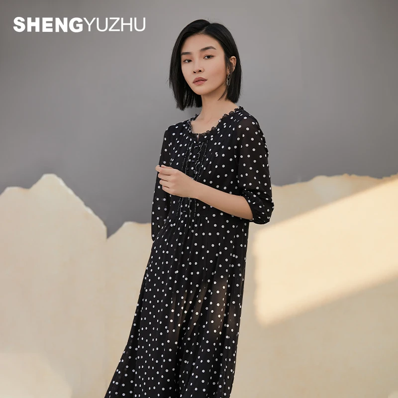 声雨竹官方旗舰店2024年新秋季高级波点中袖连衣裙女五分袖A字裙