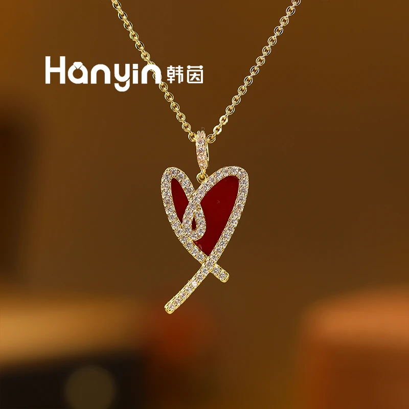 铜合金项链 本命年红色线条律动爱心项链轻奢小众高级感锁骨链