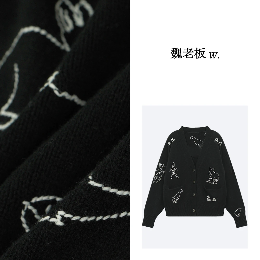 W.Diva【念记】春季精致减龄手勾刺绣羊绒羊毛针织开衫34Z301124