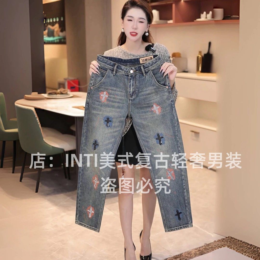 INTI秋冬季复古轻奢做旧高端印花泼墨男士牛仔裤宽松直筒高街个性