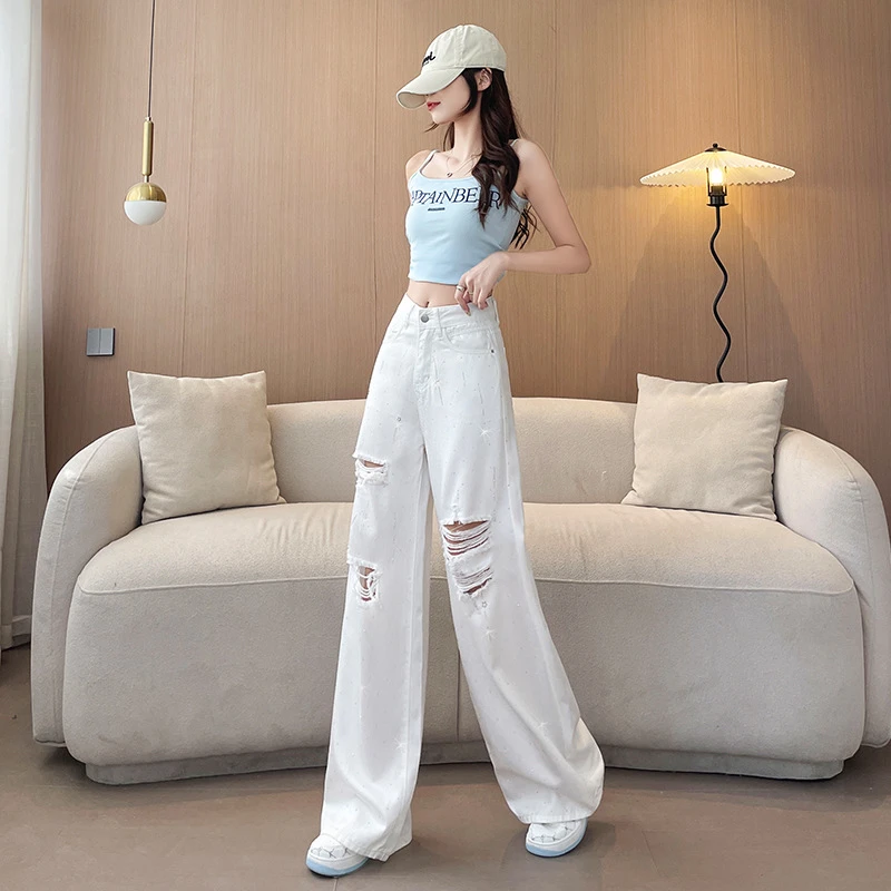 白色莱赛尔天丝烫钻阔腿牛仔裤女破洞裤夏季高腰显瘦垂感拖地裤子