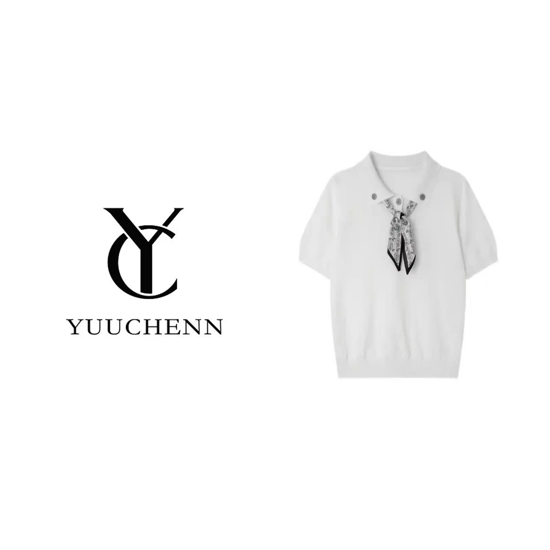 【YUUCHENN】新款气质丝巾翻领针织衫夏季通勤百搭上衣X197