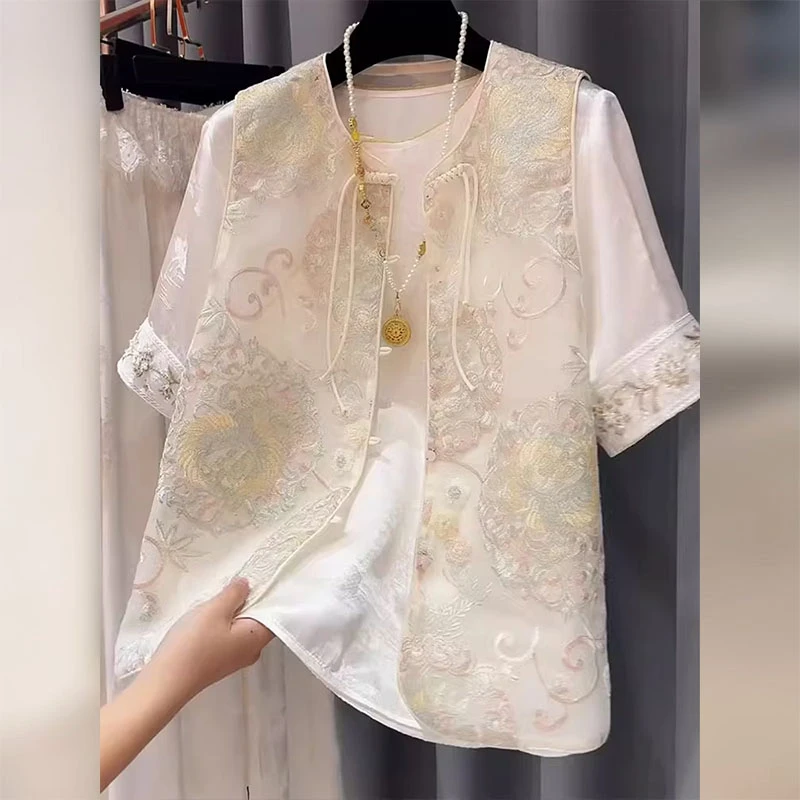 2025超火夏装一整套高级感清冷感禅意新中式国风马甲短袖两件套装