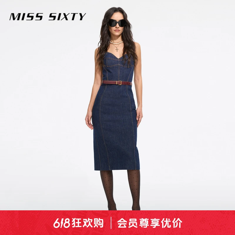 【商场同款新品】Miss Sixty25春新款牛仔连衣裙女吊带收腰开衩显瘦