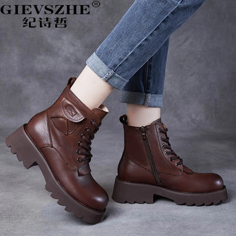 纪诗哲女靴真皮英伦风马丁靴女秋冬新款厚底舒适时尚潮流百搭短靴