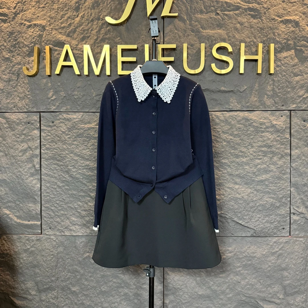 佳美大码女装 秋季法式拼接蕾丝领针织衫搭配花苞裙显瘦套装1498