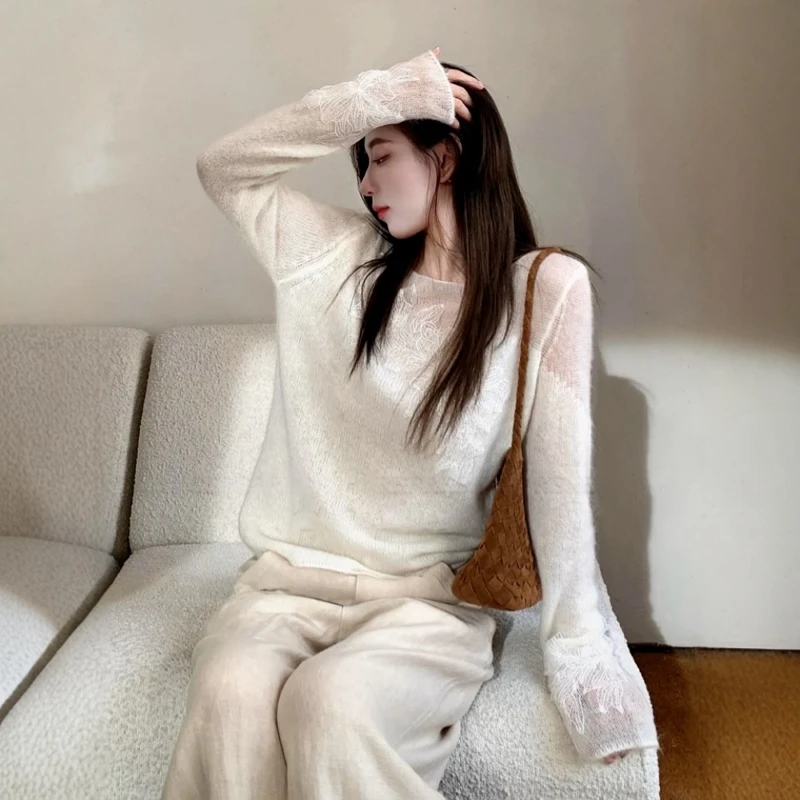 大码蕾丝刺绣网纱微透针织衫2025秋季上衣胖mm显瘦内搭毛衣打底衫