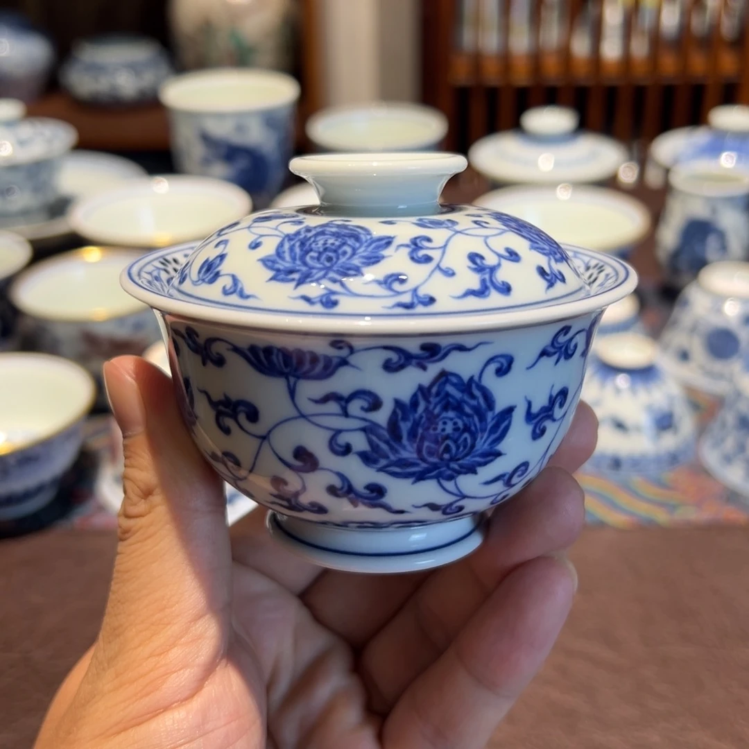 精品青花海水缠枝莲二才盖碗约120毫升