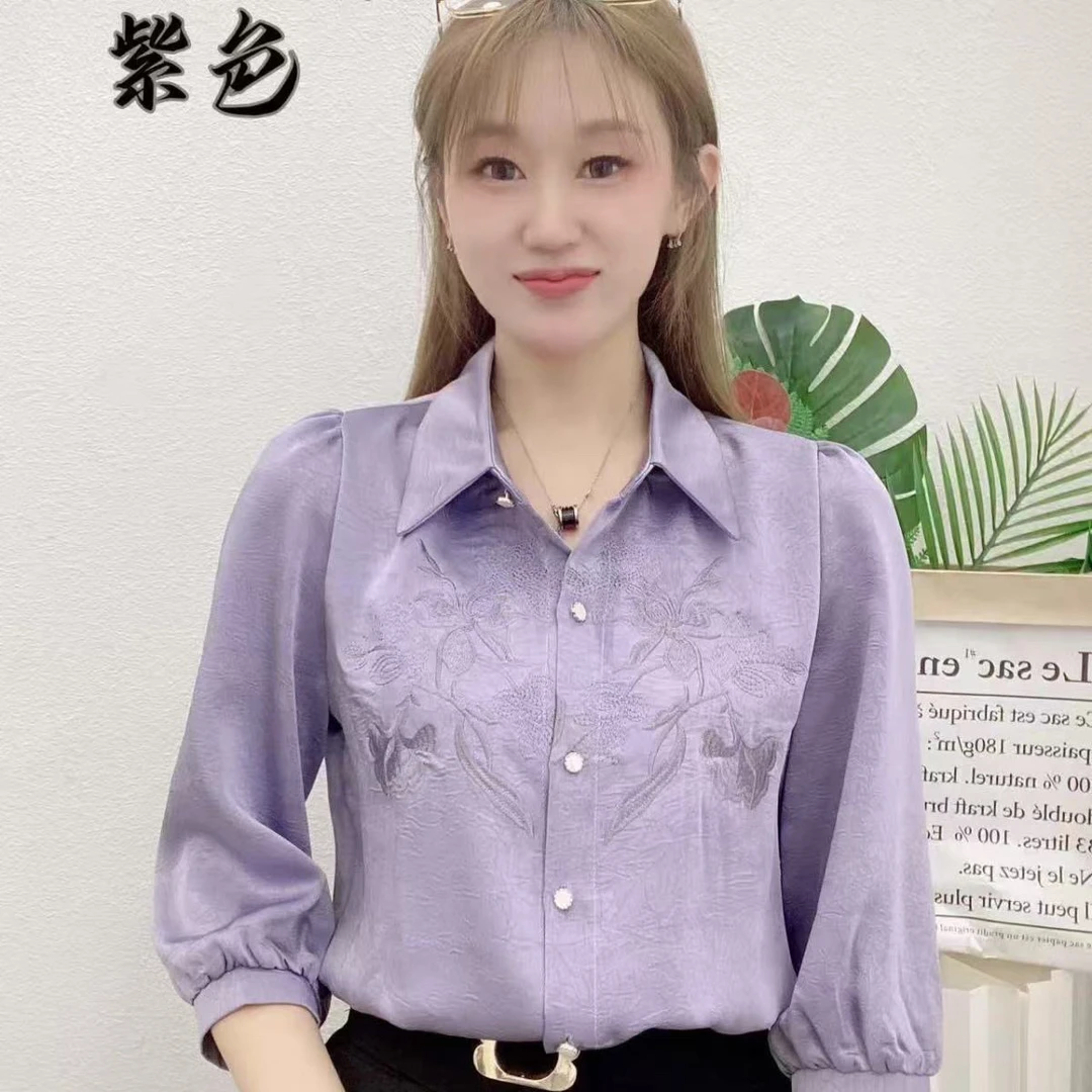 2568 刺绣衬衫2025新款中式时尚显瘦百搭洋气气质七分袖衬衣上衣