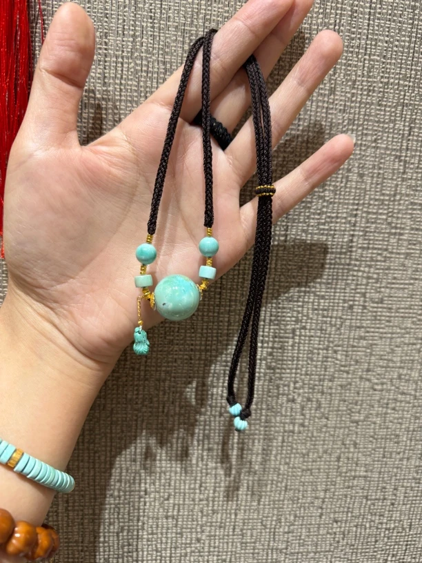 高瓷蓝绿色绿松石圆珠锁骨链搭配18k金