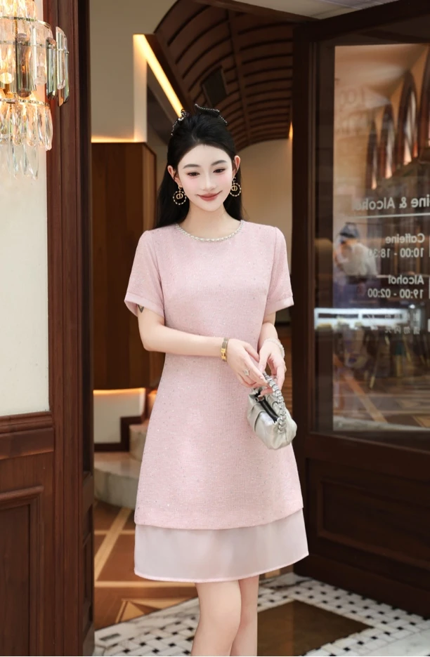 法式千金感温柔风绝美轻盈朦胧烫金小香风 气质显瘦连衣裙