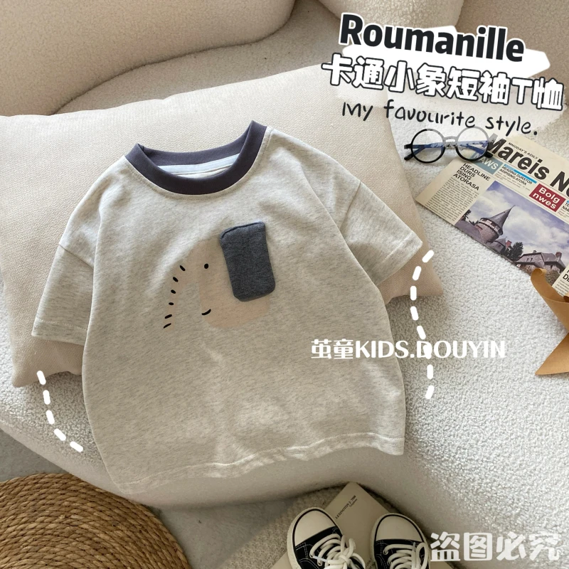 【麦麦妈】X087夏季中小童卡通小象短袖T恤新品男女宝宝上衣百搭休