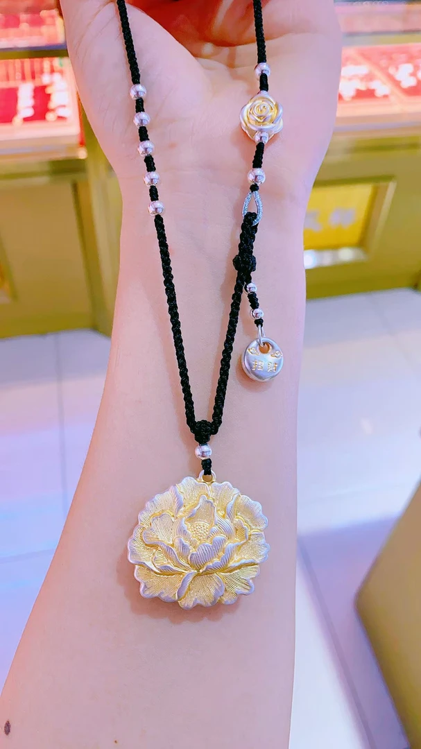 吊坠足银 【春晓老银匠】时尚百搭手工编织不对称牡丹花项链饰品