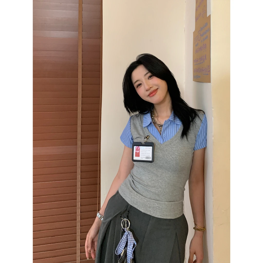 木子羊 25美式复古假两件衬衫拼接短袖上衣修身休闲辣妹衬衣女ins