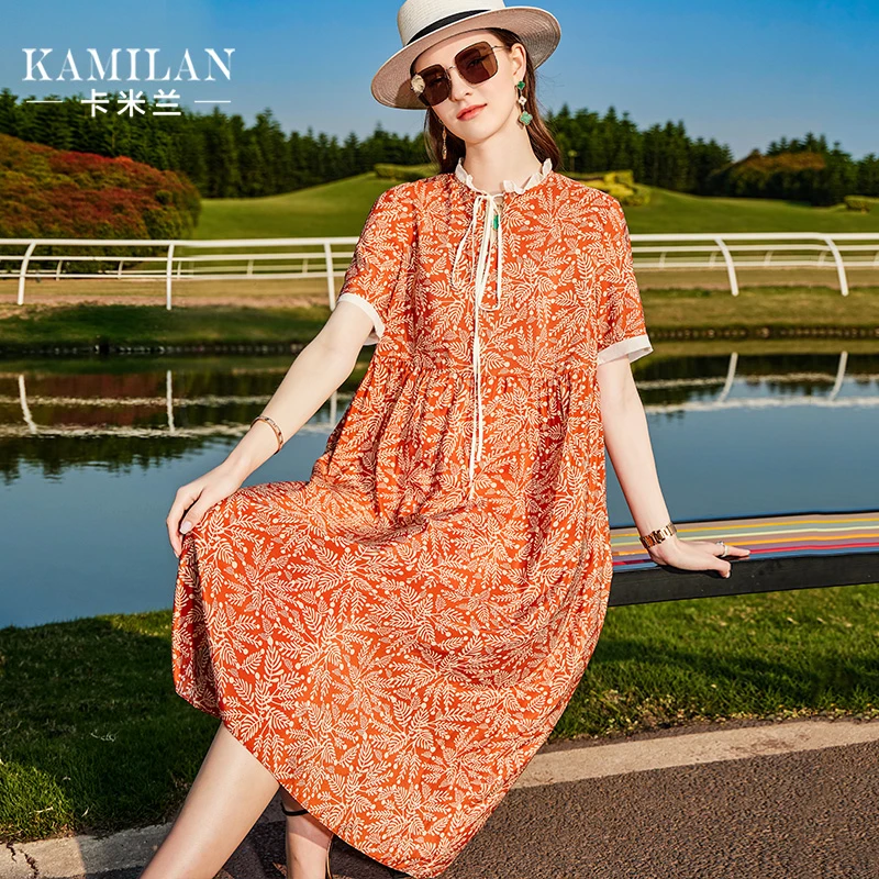 卡米兰真丝连衣裙女2025春夏新款宽松中长款荷叶领印花桑蚕丝裙子