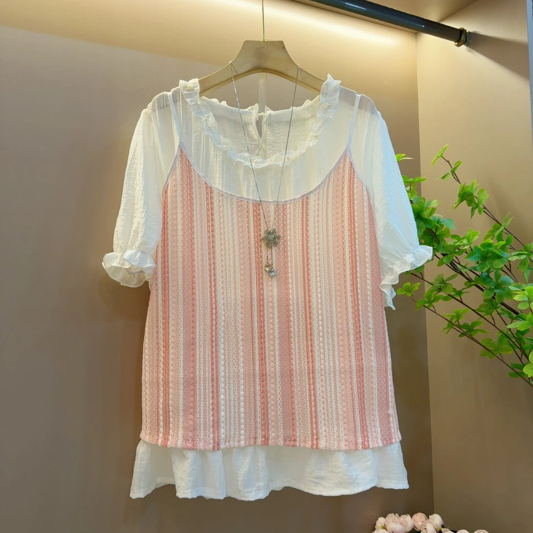 时尚夏季款百搭减龄气质时尚宽松泡泡袖两件套上衣（衣长68左右）