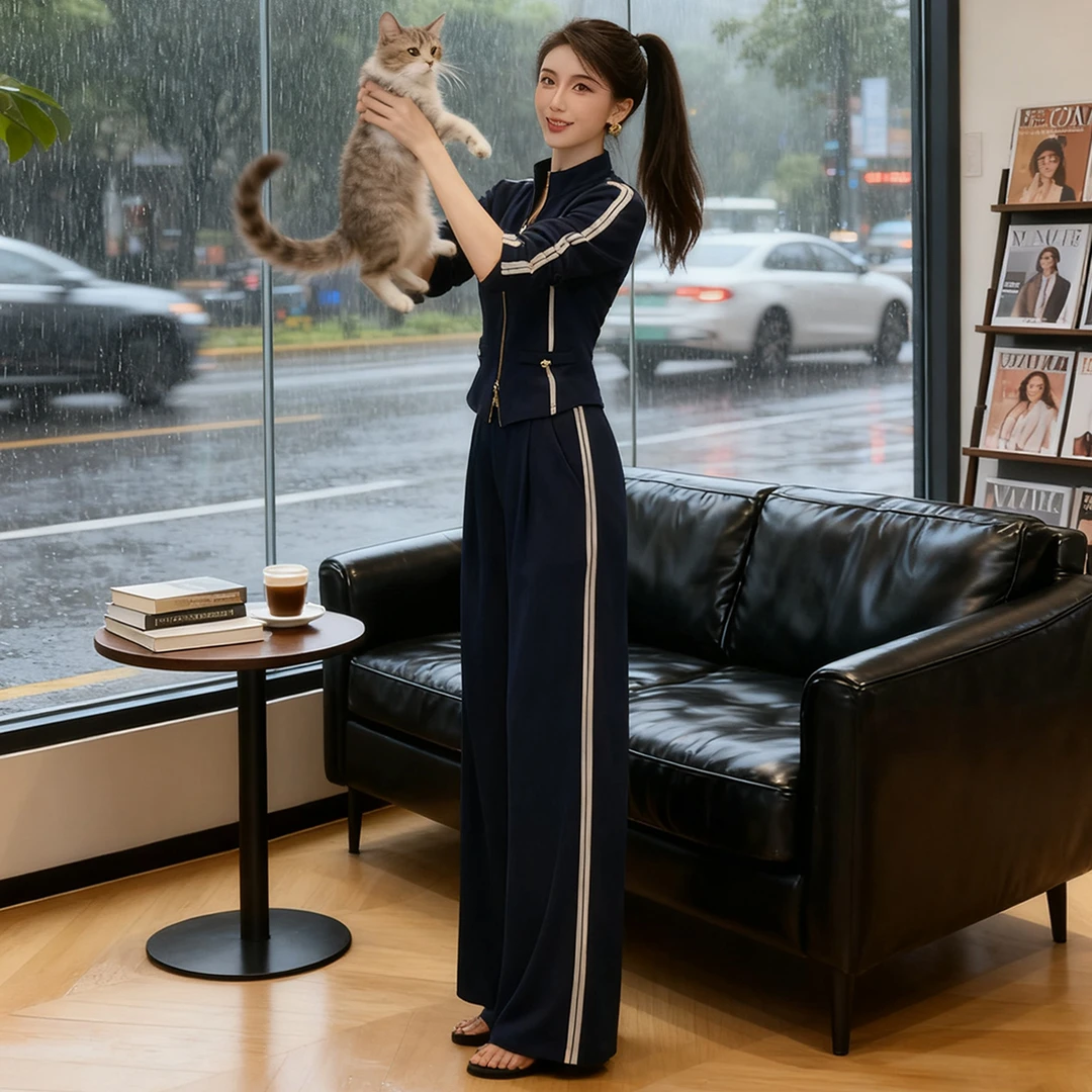 韩版休闲运动套装秋季新款女修身立领拉链卫衣直筒长裤两件套显瘦