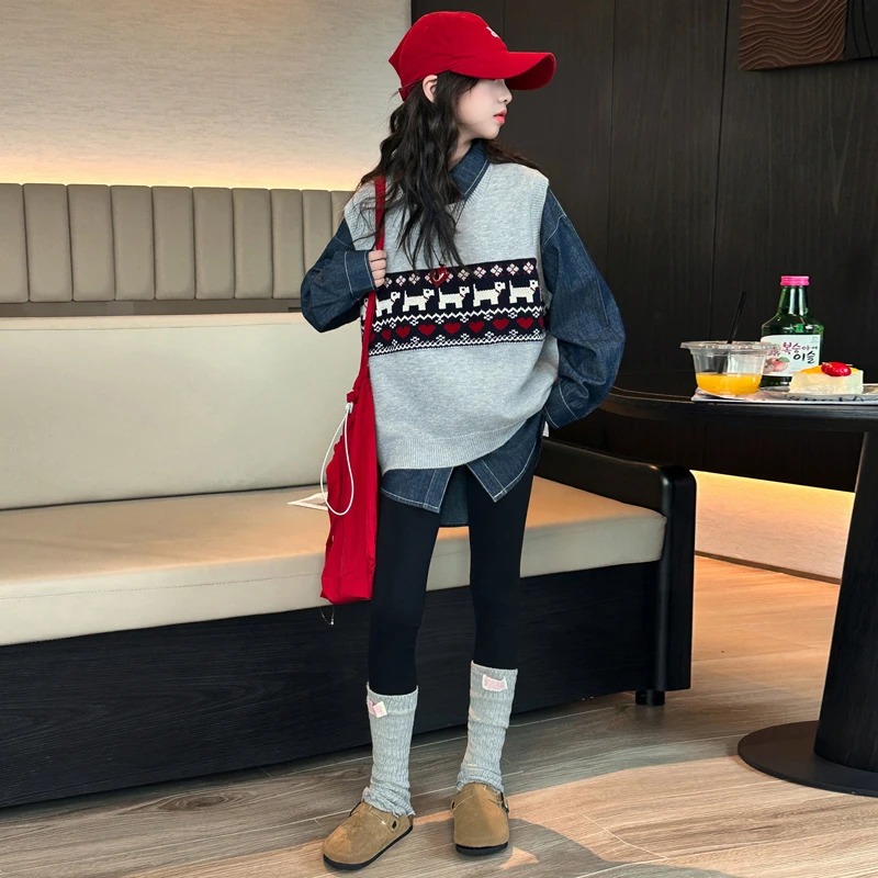 女童秋季衬衫马甲两件套2025新款个性休闲风6-14岁初中生复古显瘦