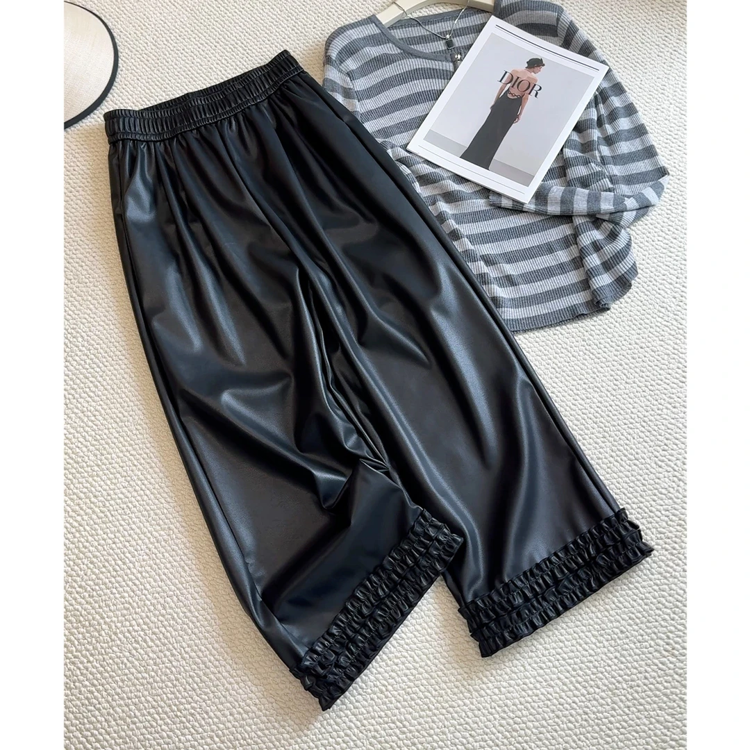 双层木耳边软皮裤女2025秋季新款欧货高腰时尚pu蛋白皮直筒阔腿裤